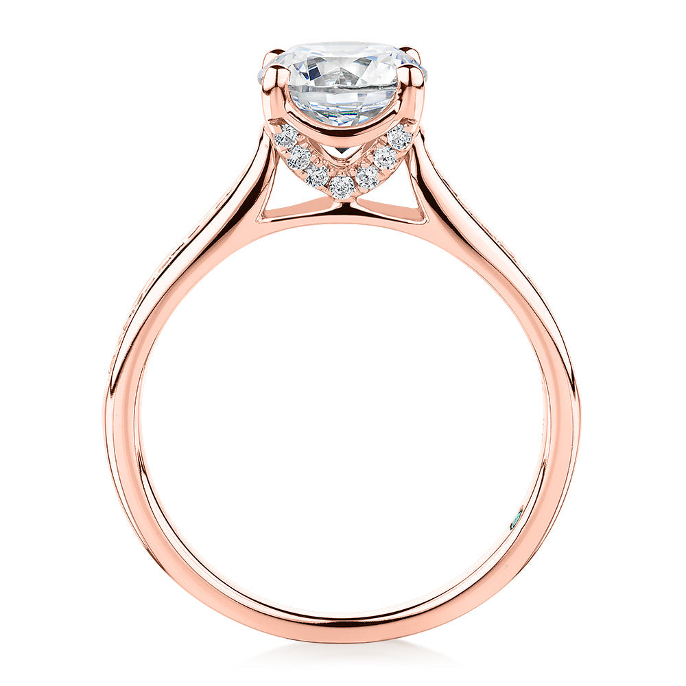 Premium Certified Lab-Grown Diamond, 1.88 carat TW round brilliant shouldered engagement ring in 14 carat rose gold