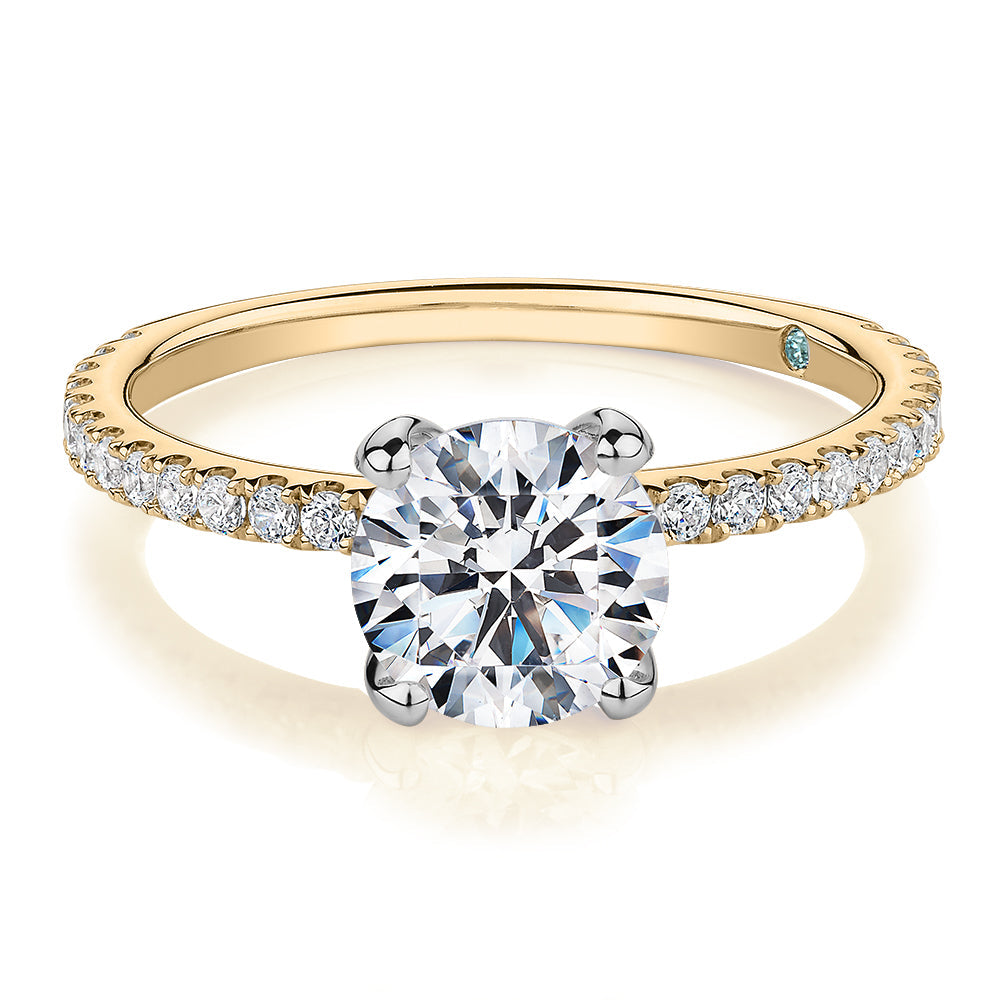 Premium Certified Lab-Grown Diamond, 1.85 carat TW round brilliant shouldered engagement ring in 14 carat yellow and white gold