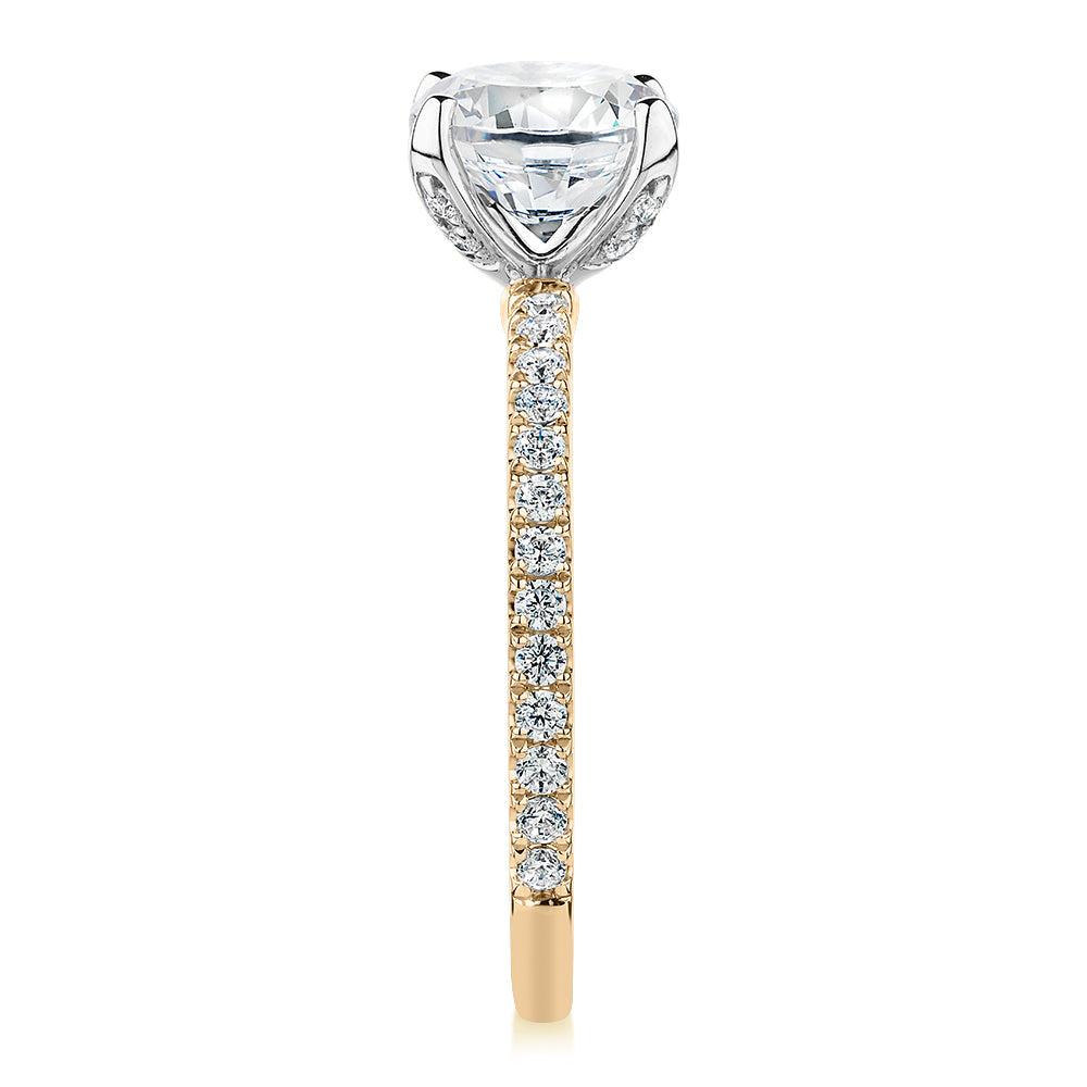 Premium Certified Lab-Grown Diamond, 1.85 carat TW round brilliant shouldered engagement ring in 14 carat yellow and white gold