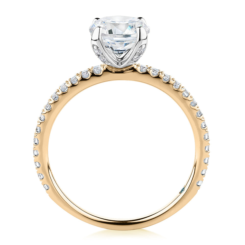 Premium Certified Lab-Grown Diamond, 1.85 carat TW round brilliant shouldered engagement ring in 14 carat yellow and white gold