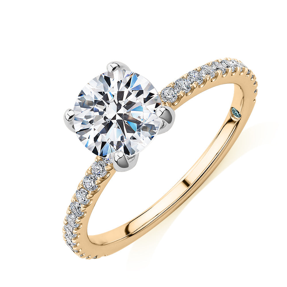 Premium Certified Lab-Grown Diamond, 1.85 carat TW round brilliant shouldered engagement ring in 14 carat yellow and white gold