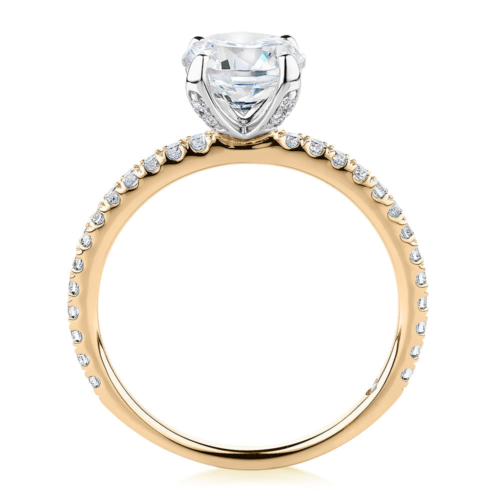 Signature Simulant Diamond 1.85 carat* TW round brilliant shouldered solitaire engagement ring in 10 carat yellow and white gold