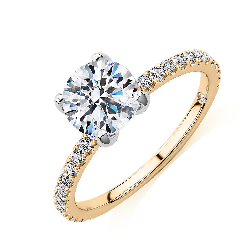 Signature Simulant Diamond 1.85 carat* TW round brilliant shouldered solitaire engagement ring in 10 carat yellow and white gold