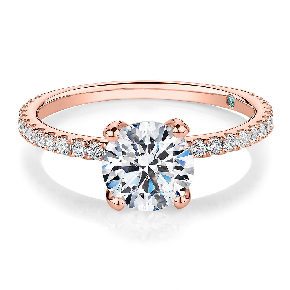 Premium Certified Lab-Grown Diamond, 1.85 carat TW round brilliant shouldered engagement ring in 14 carat rose gold