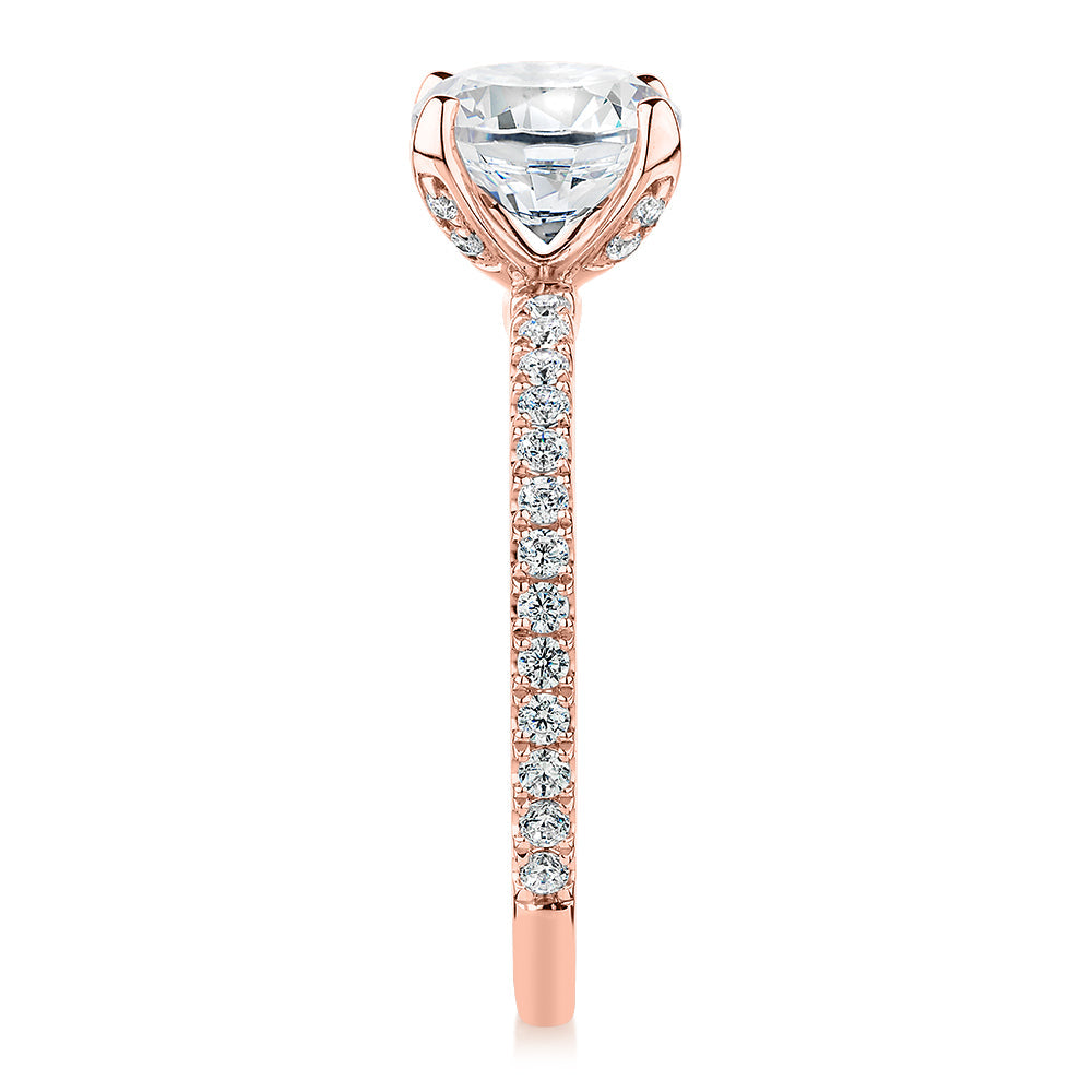 Premium Certified Lab-Grown Diamond, 1.85 carat TW round brilliant shouldered engagement ring in 14 carat rose gold