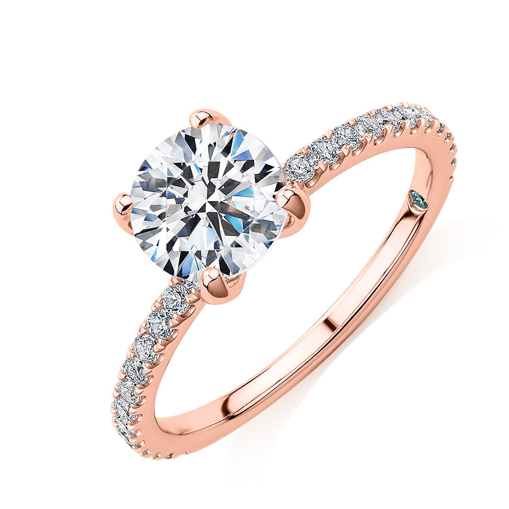 Premium Certified Lab-Grown Diamond, 1.85 carat TW round brilliant shouldered engagement ring in 14 carat rose gold