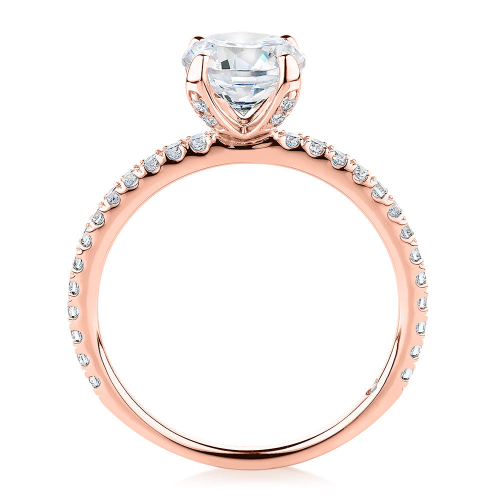 Signature Simulant Diamond 1.85 carat* TW round brilliant shouldered solitaire engagement ring in 10 carat rose gold