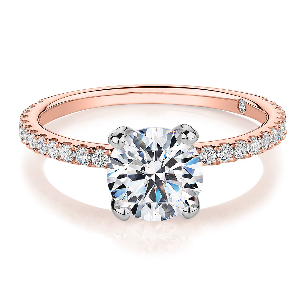 Premium Certified Lab-Grown Diamond, 1.85 carat TW round brilliant shouldered engagement ring in 14 carat rose and white gold