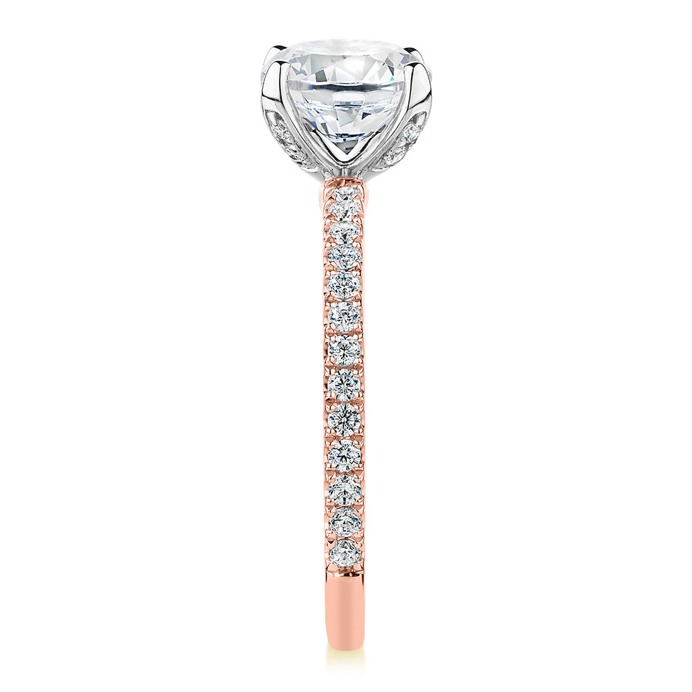 Signature Simulant Diamond 1.85 carat* TW round brilliant shouldered solitaire engagement ring in 10 carat rose and white gold
