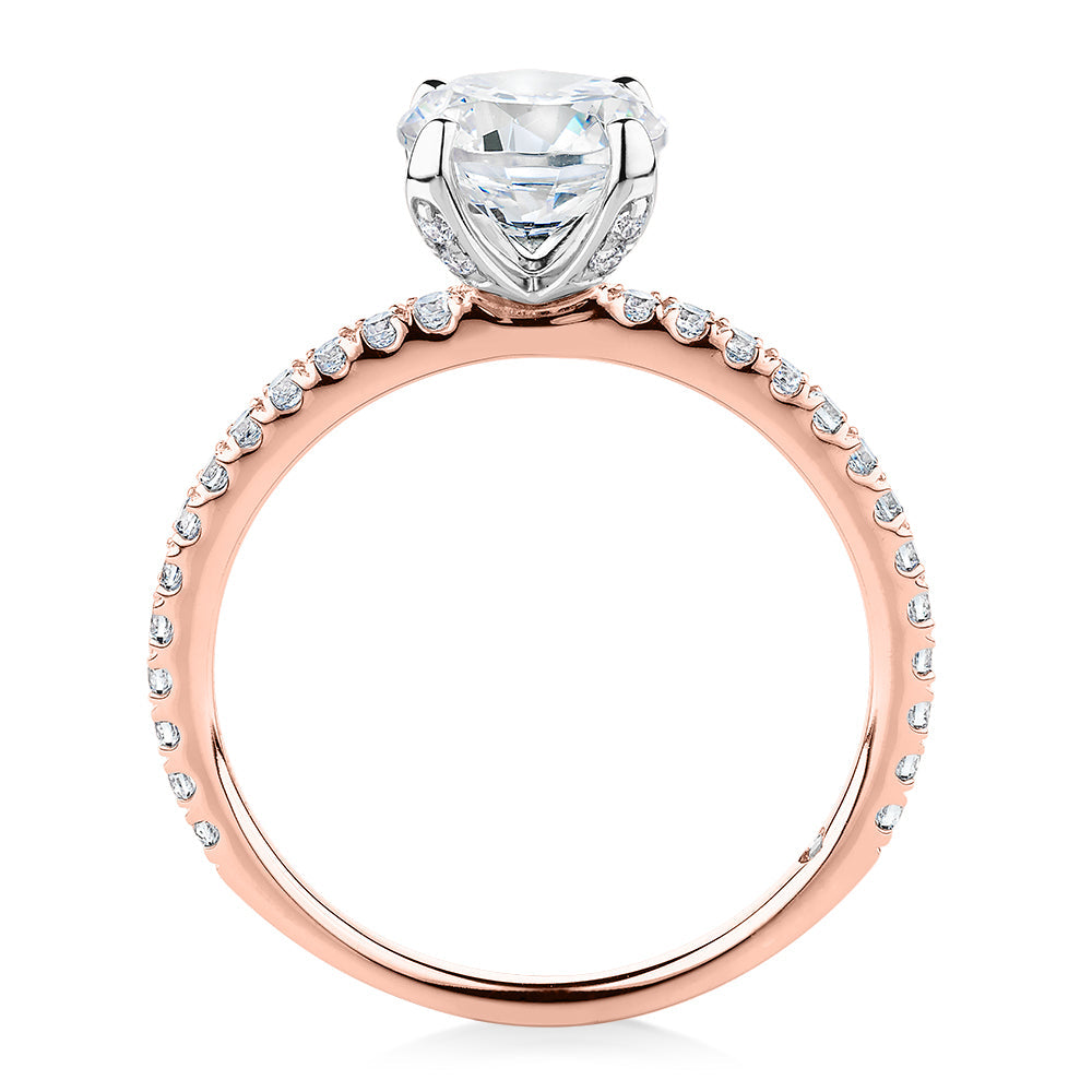 Premium Certified Lab-Grown Diamond, 1.85 carat TW round brilliant shouldered engagement ring in 14 carat rose and white gold