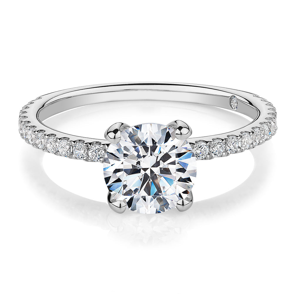 Signature Simulant Diamond 1.85 carat* TW round brilliant shouldered solitaire engagement ring in 10 carat white gold