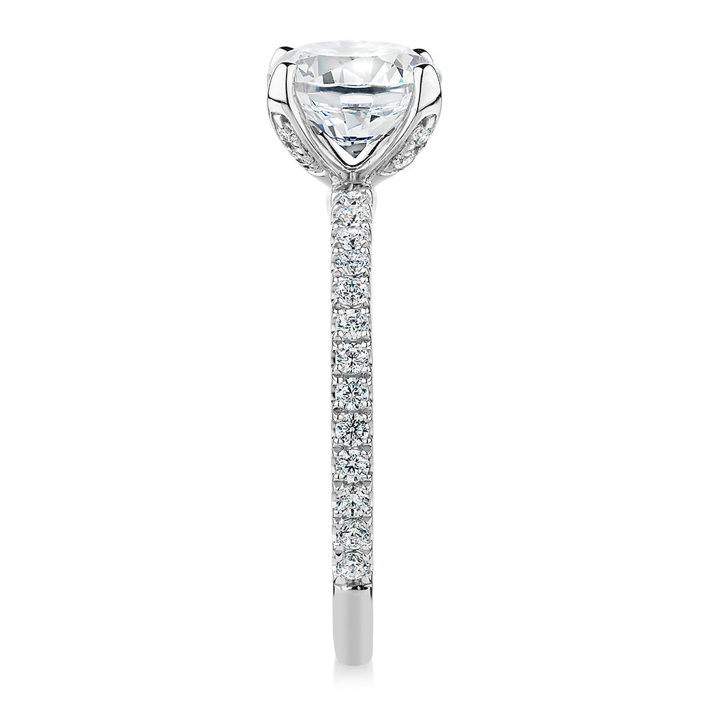 Signature Simulant Diamond 1.85 carat* TW round brilliant shouldered solitaire engagement ring in 10 carat white gold