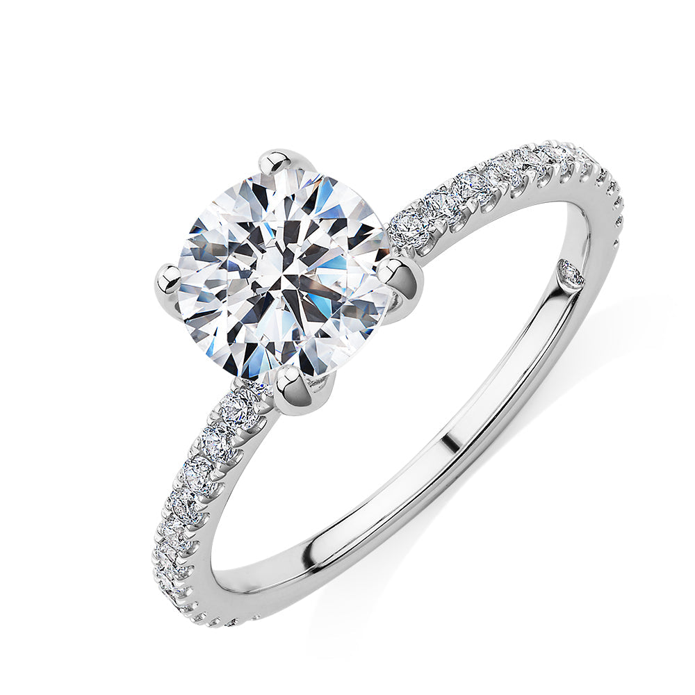 Signature Simulant Diamond 1.85 carat* TW round brilliant shouldered solitaire engagement ring in 10 carat white gold
