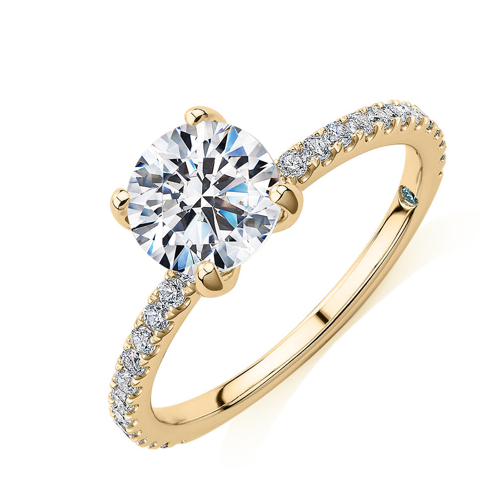 Premium Certified Lab-Grown Diamond, 1.85 carat TW round brilliant shouldered engagement ring in 14 carat yellow gold