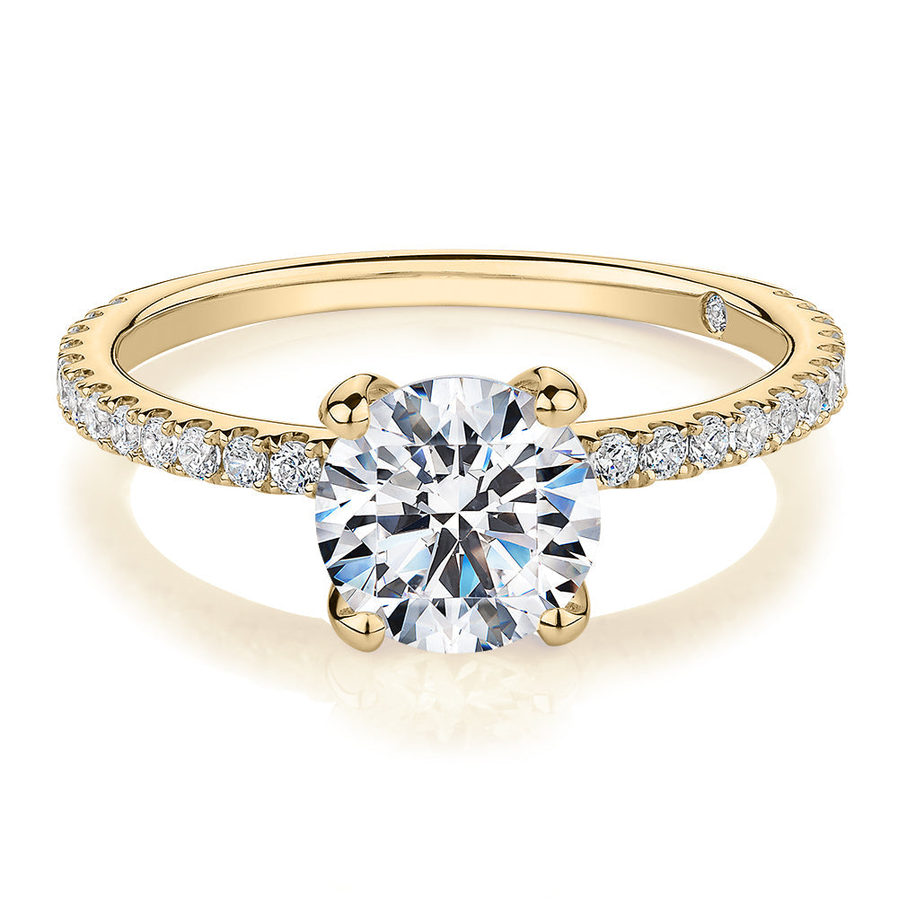 Signature Simulant Diamond 1.85 carat* TW round brilliant shouldered solitaire engagement ring in 10 carat yellow gold