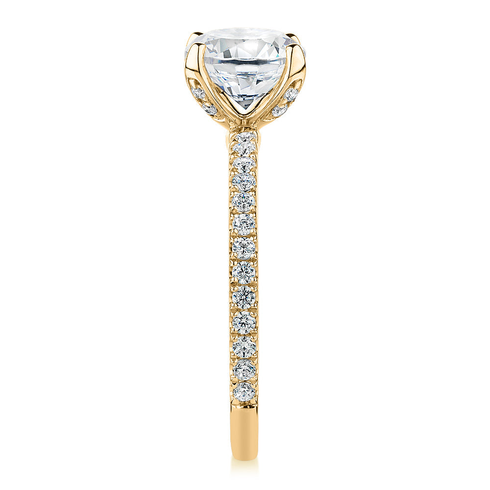 Signature Simulant Diamond 1.85 carat* TW round brilliant shouldered solitaire engagement ring in 10 carat yellow gold
