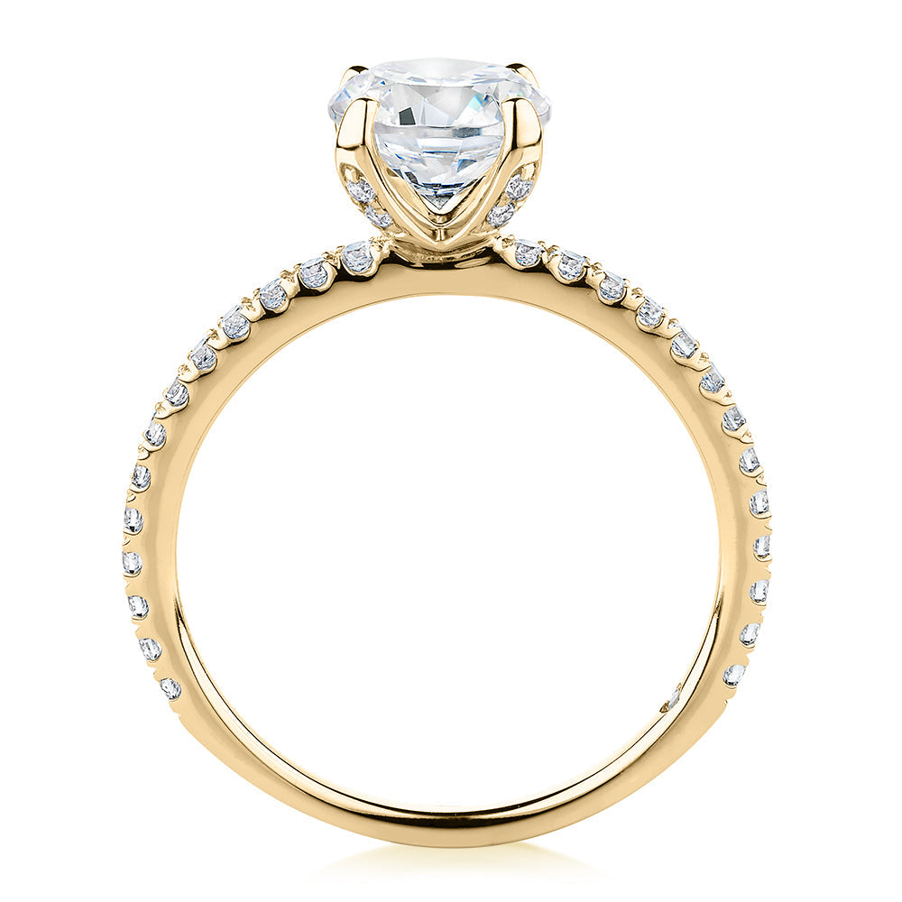 Signature Simulant Diamond 1.85 carat* TW round brilliant shouldered solitaire engagement ring in 10 carat yellow gold