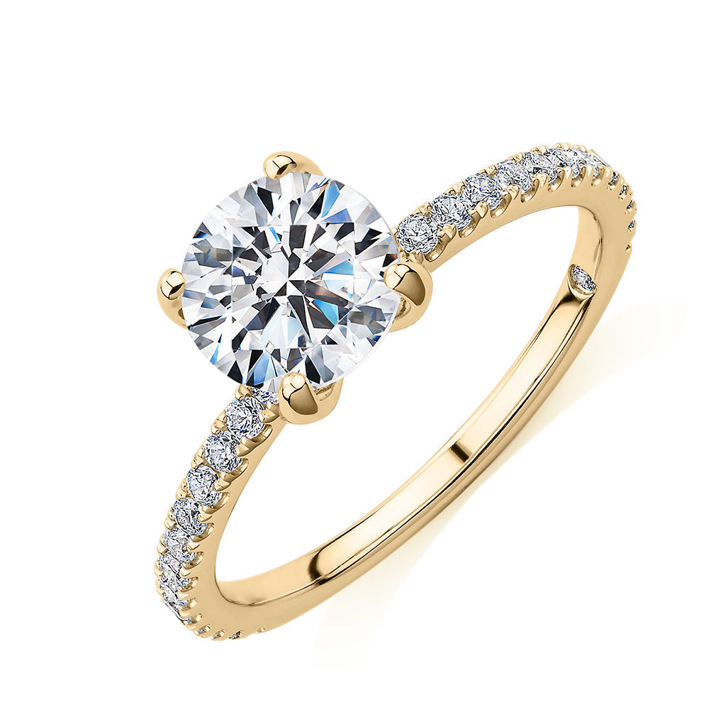 Signature Simulant Diamond 1.85 carat* TW round brilliant shouldered solitaire engagement ring in 10 carat yellow gold