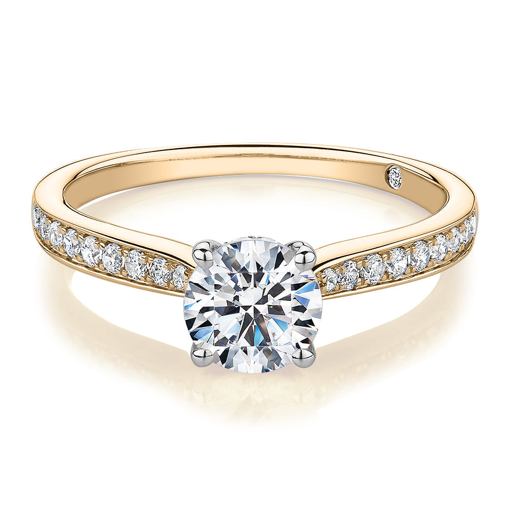 Signature Simulant Diamond 1.40 carat* TW round brilliant shouldered solitaire engagement ring in 10 carat yellow and white gold