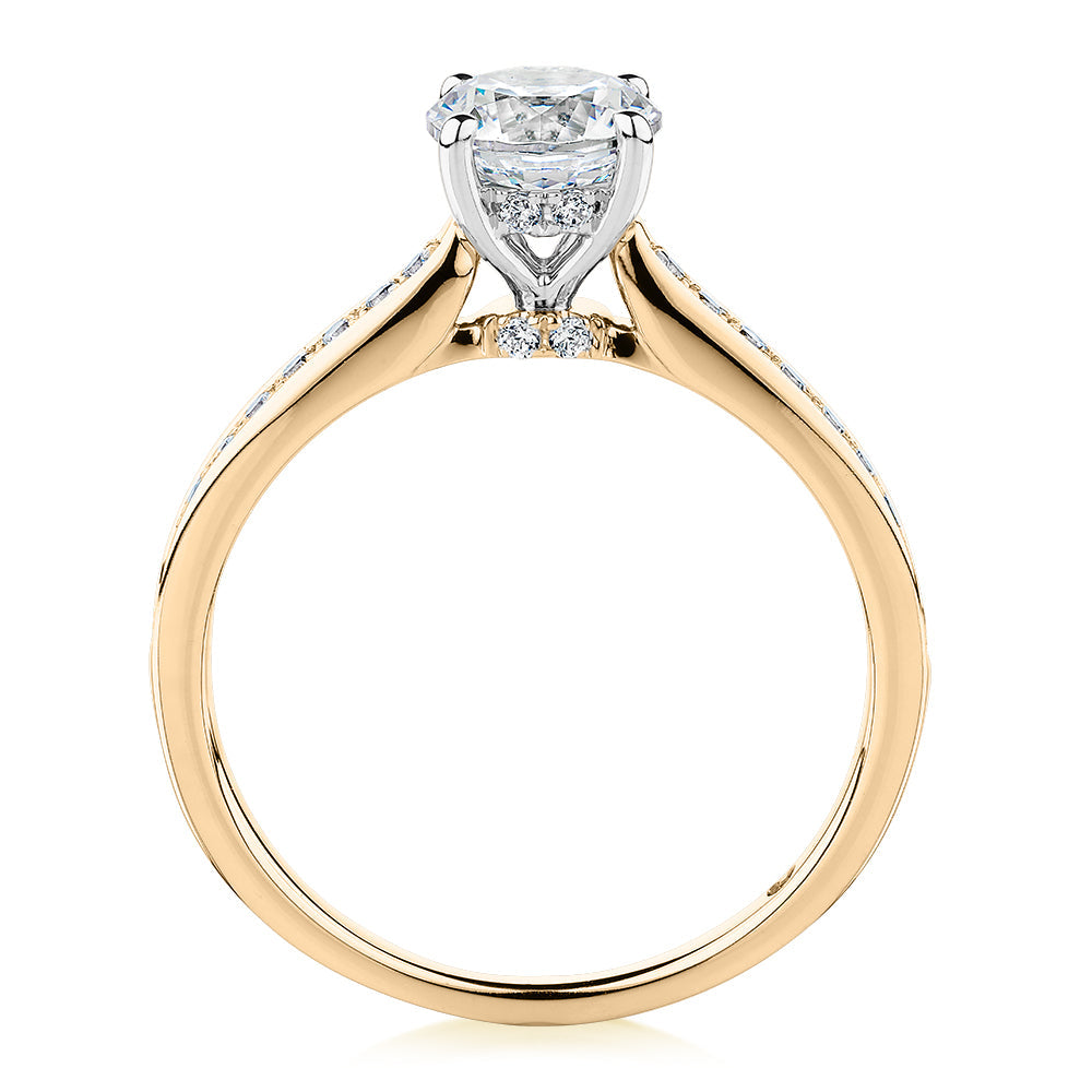 Signature Simulant Diamond 1.40 carat* TW round brilliant shouldered solitaire engagement ring in 10 carat yellow and white gold