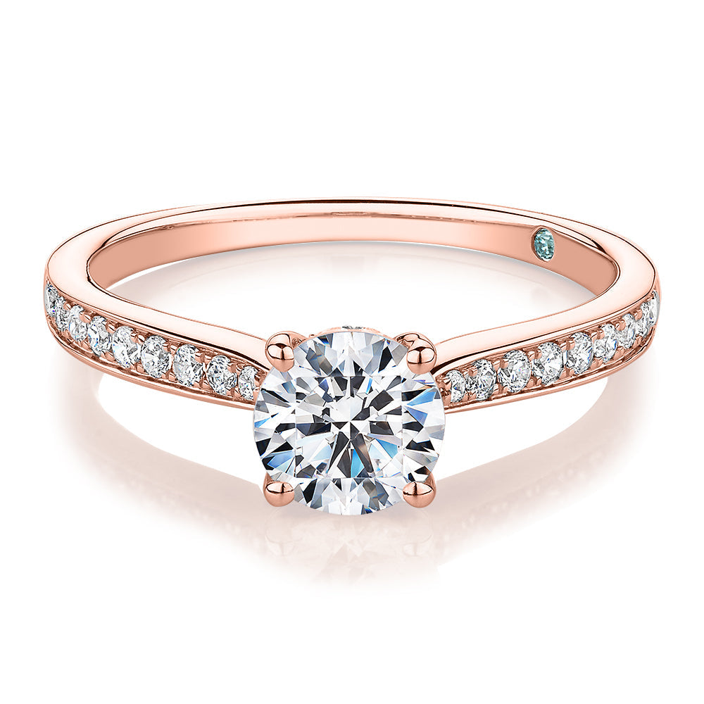 Premium Certified Lab-Grown Diamond, 1.40 carat TW round brilliant shouldered engagement ring in 14 carat rose gold