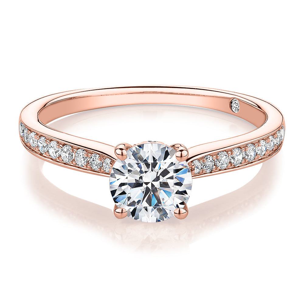 Signature Simulant Diamond 1.40 carat* TW round brilliant shouldered solitaire engagement ring in 10 carat rose and white gold