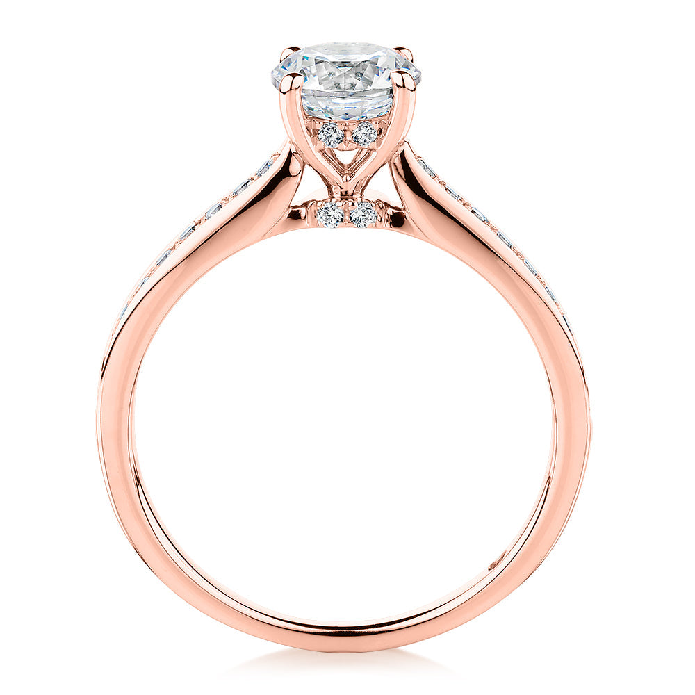 Signature Simulant Diamond 1.40 carat* TW round brilliant shouldered solitaire engagement ring in 10 carat rose and white gold