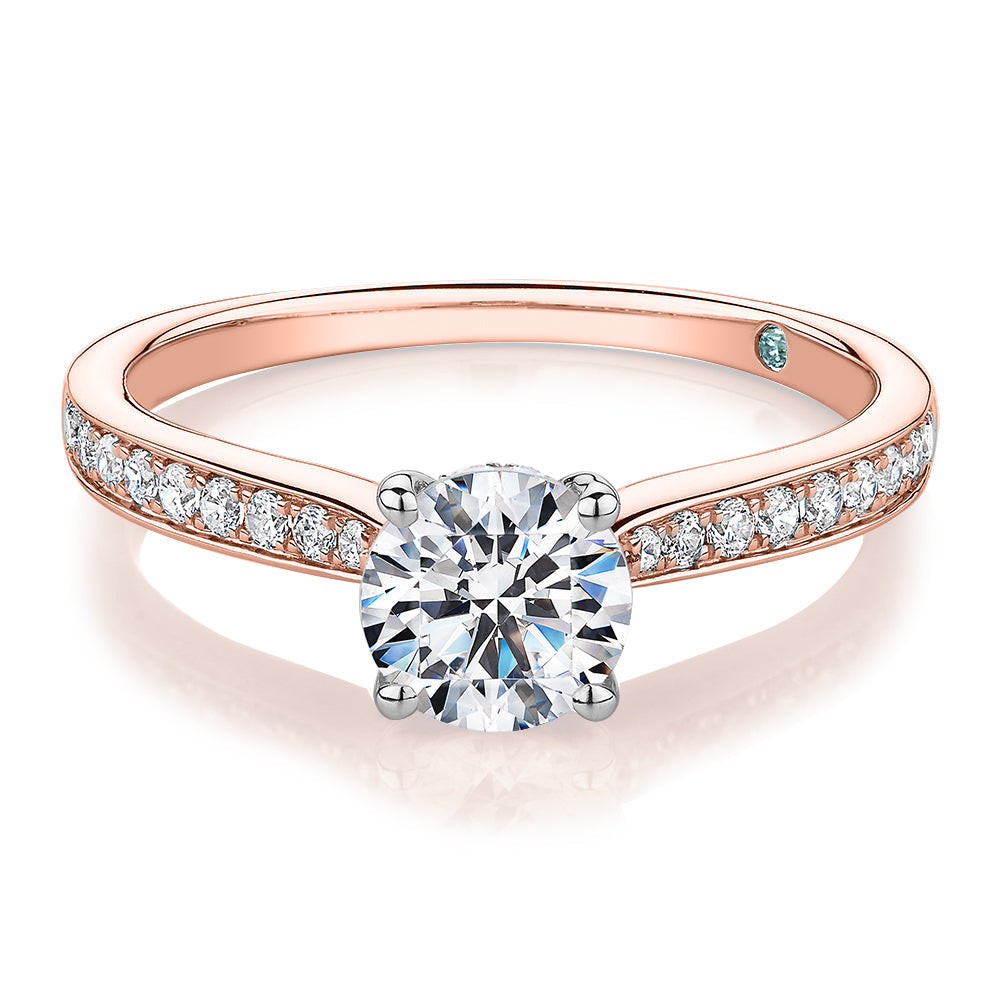 Premium Certified Lab-Grown Diamond, 1.40 carat TW round brilliant shouldered engagement ring in 14 carat rose and white gold