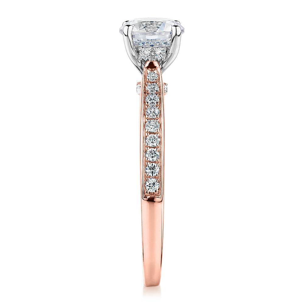Premium Certified Lab-Grown Diamond, 1.40 carat TW round brilliant shouldered engagement ring in 14 carat rose and white gold