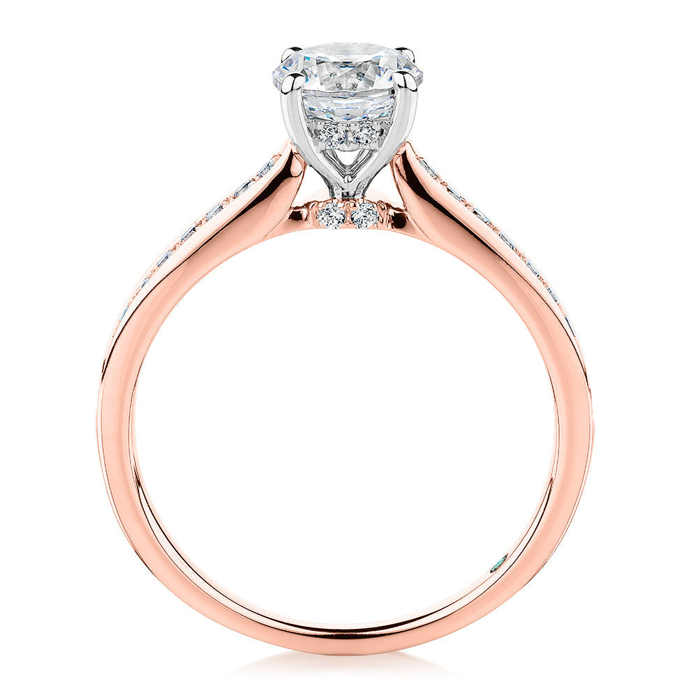 Premium Certified Lab-Grown Diamond, 1.40 carat TW round brilliant shouldered engagement ring in 14 carat rose and white gold