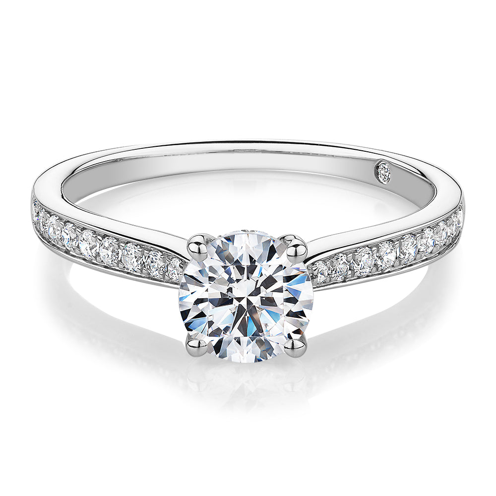 Signature Simulant Diamond 1.40 carat* TW round brilliant shouldered solitaire engagement ring in 10 carat white gold