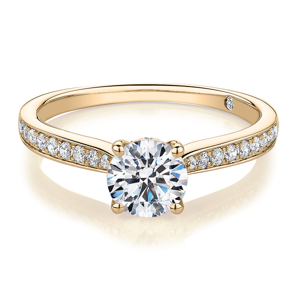 Signature Simulant Diamond 1.40 carat* TW round brilliant shouldered solitaire engagement ring in 10 carat yellow gold
