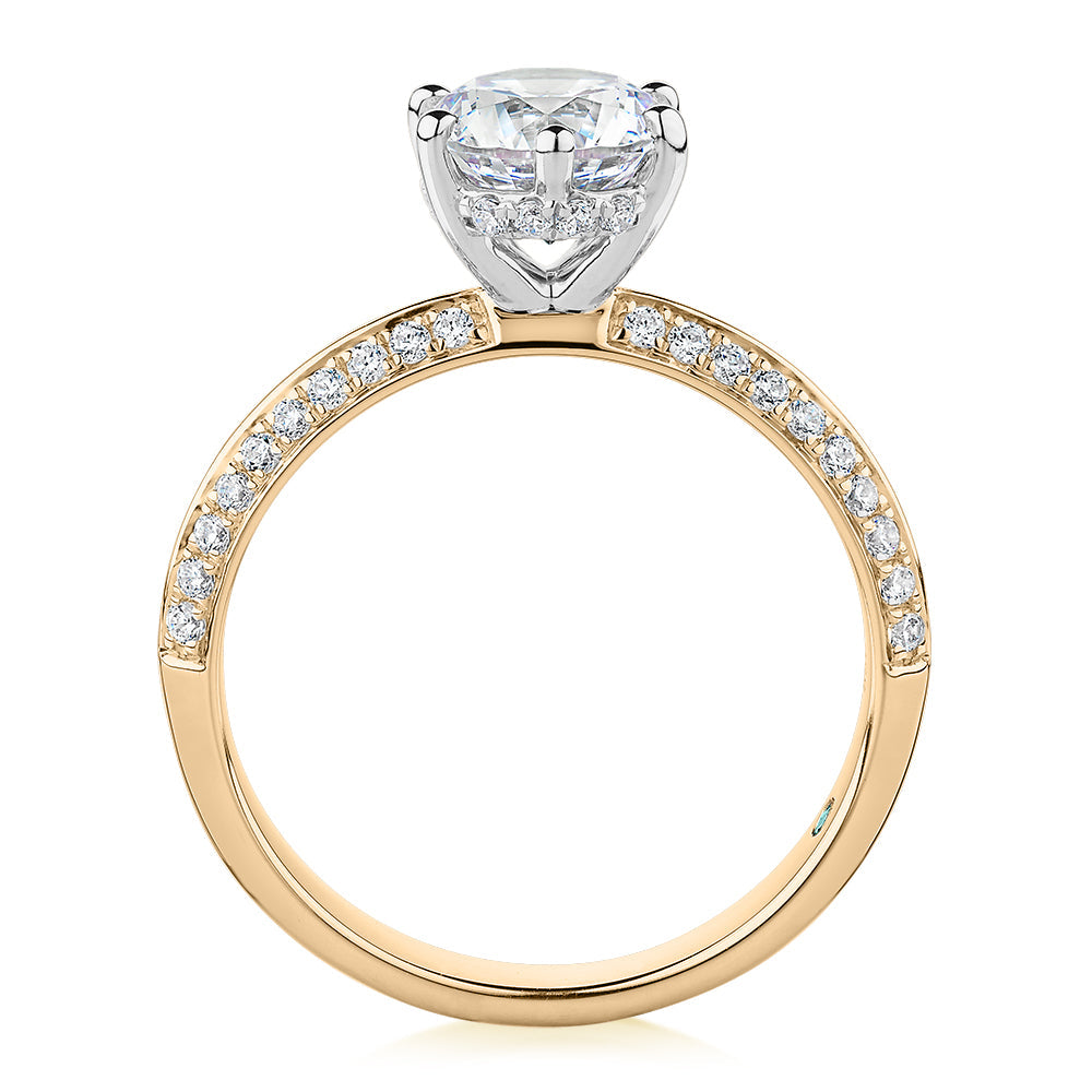 Premium Certified Lab-Grown Diamond, 1.86 carat TW round brilliant shouldered engagement ring in 14 carat yellow and white gold
