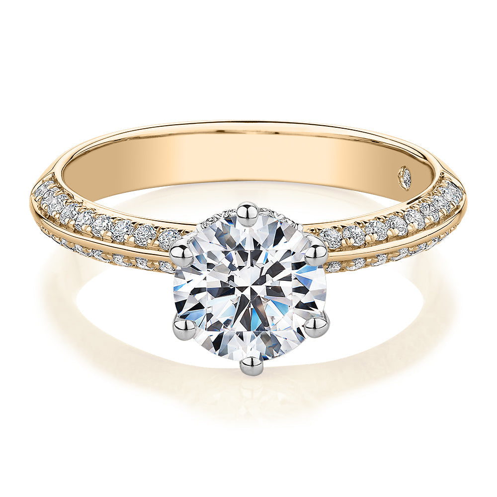 Signature Simulant Diamond 1.86 carat* TW round brilliant shouldered solitaire engagement ring in 10 carat yellow and white gold