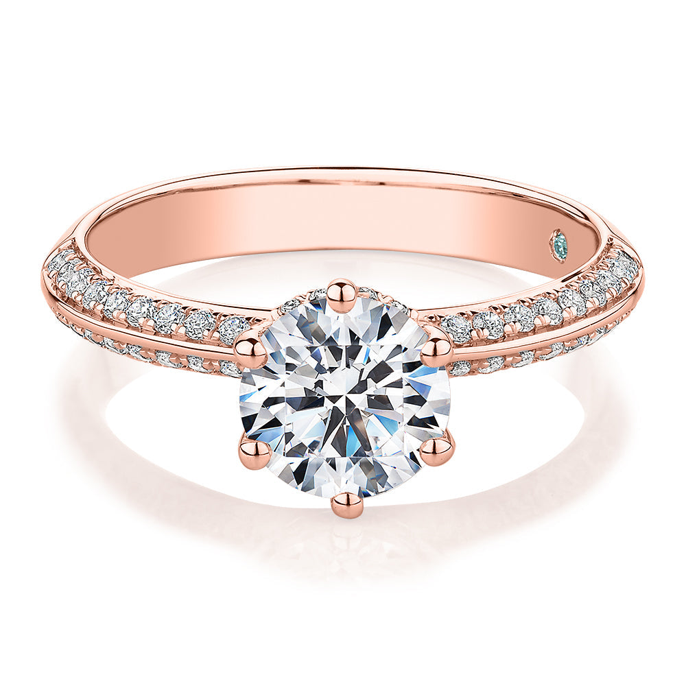 Premium Certified Lab-Grown Diamond, 1.86 carat TW round brilliant shouldered engagement ring in 14 carat rose gold