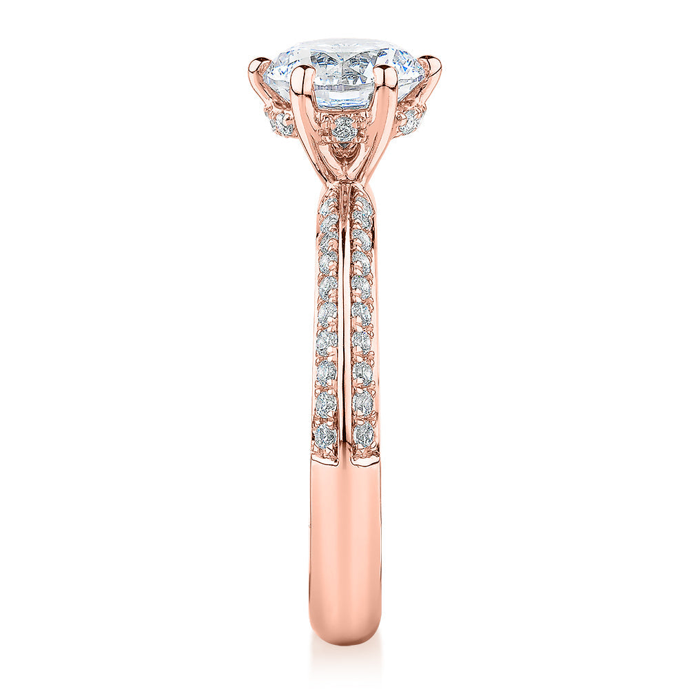 Premium Certified Lab-Grown Diamond, 1.86 carat TW round brilliant shouldered engagement ring in 14 carat rose gold