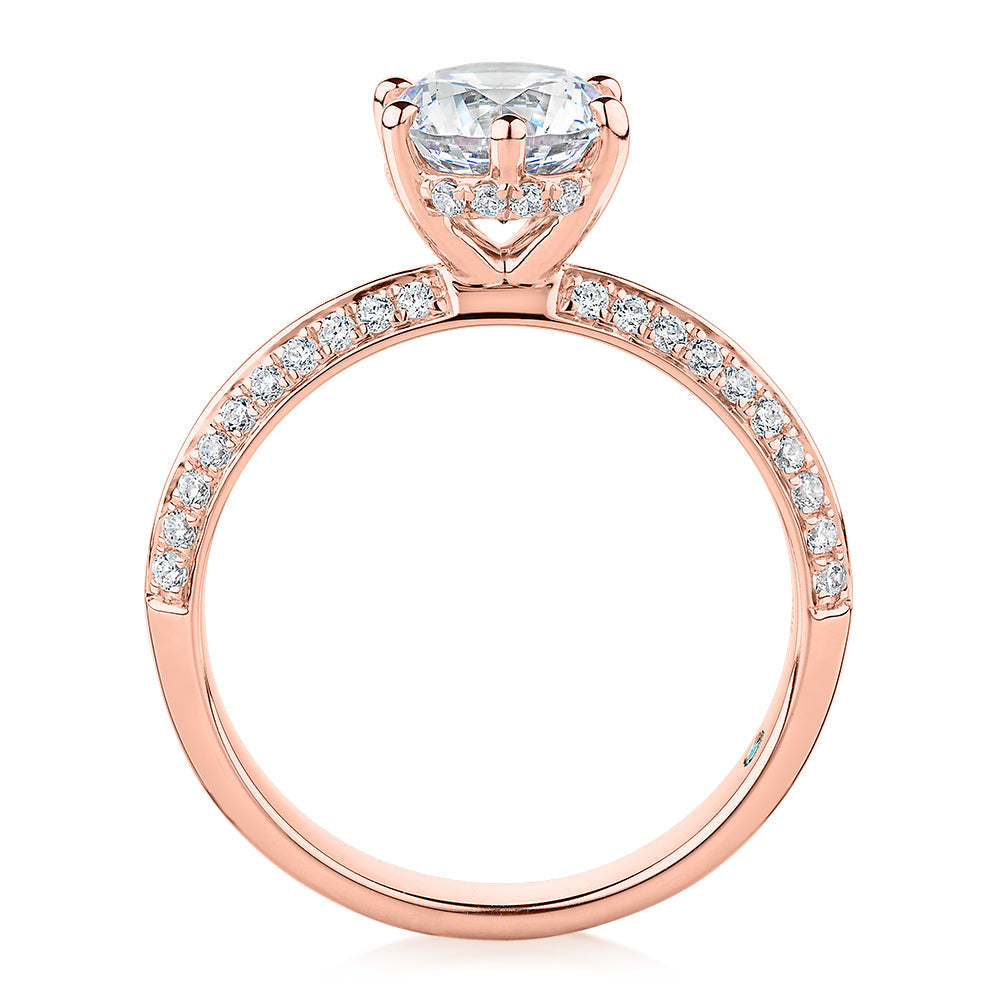 Premium Certified Lab-Grown Diamond, 1.86 carat TW round brilliant shouldered engagement ring in 14 carat rose gold