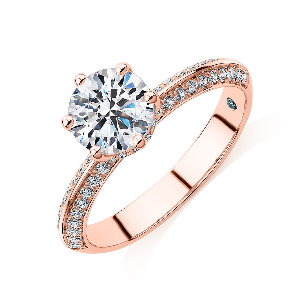 Premium Certified Lab-Grown Diamond, 1.86 carat TW round brilliant shouldered engagement ring in 14 carat rose gold