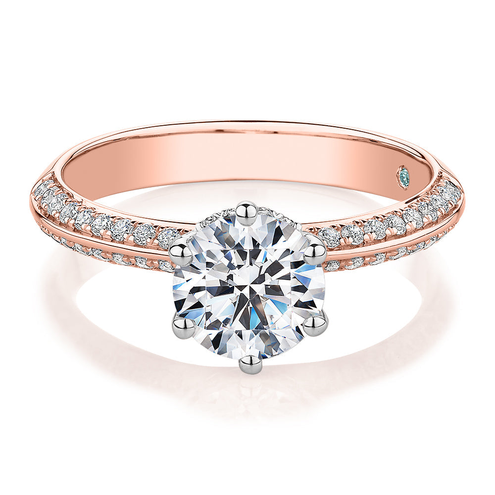 Premium Certified Lab-Grown Diamond, 1.86 carat TW round brilliant shouldered engagement ring in 14 carat rose and white gold