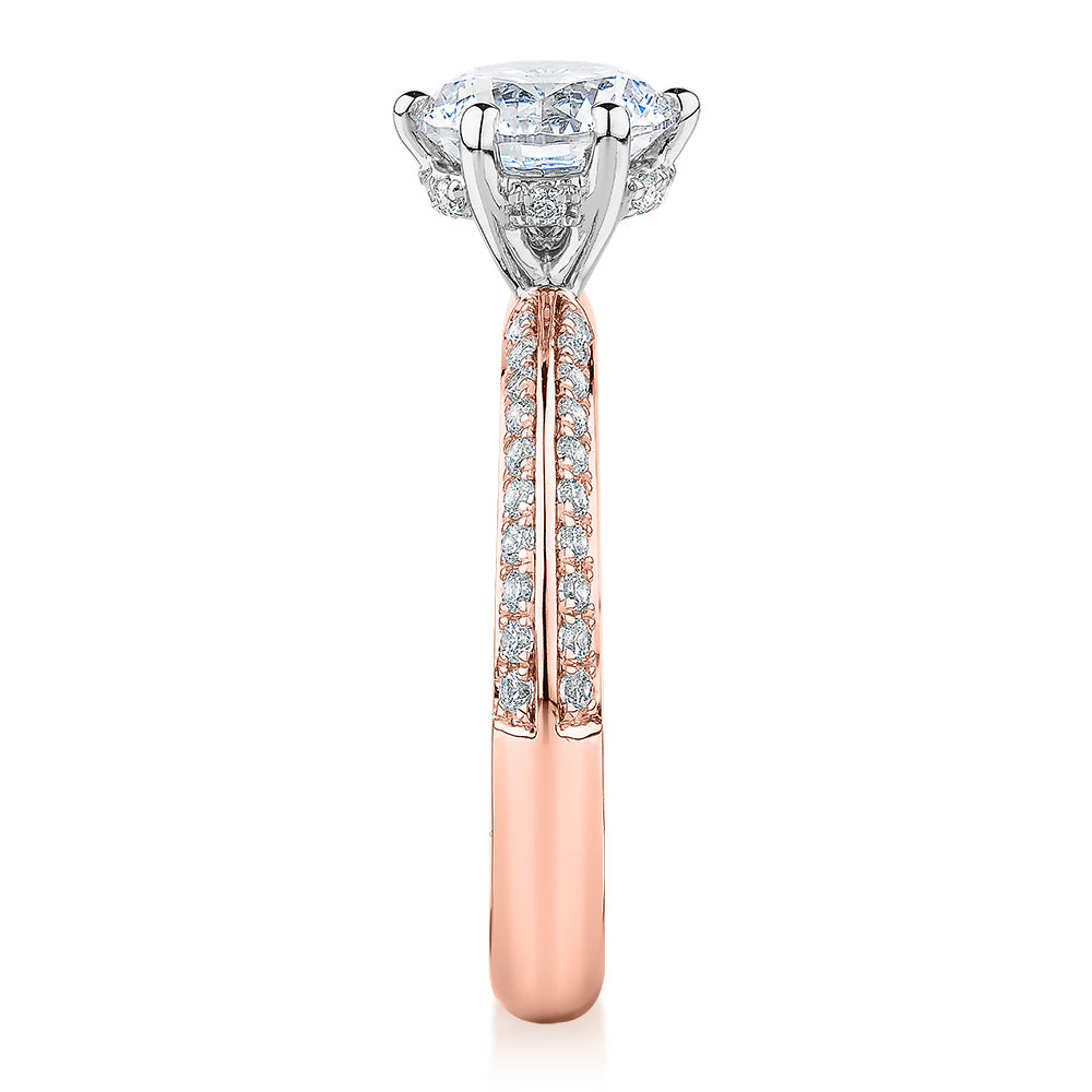 Premium Certified Lab-Grown Diamond, 1.86 carat TW round brilliant shouldered engagement ring in 14 carat rose and white gold