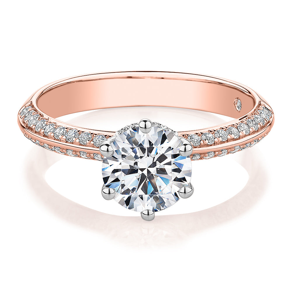 Signature Simulant Diamond 1.86 carat* TW round brilliant shouldered solitaire engagement ring in 10 carat rose and white gold