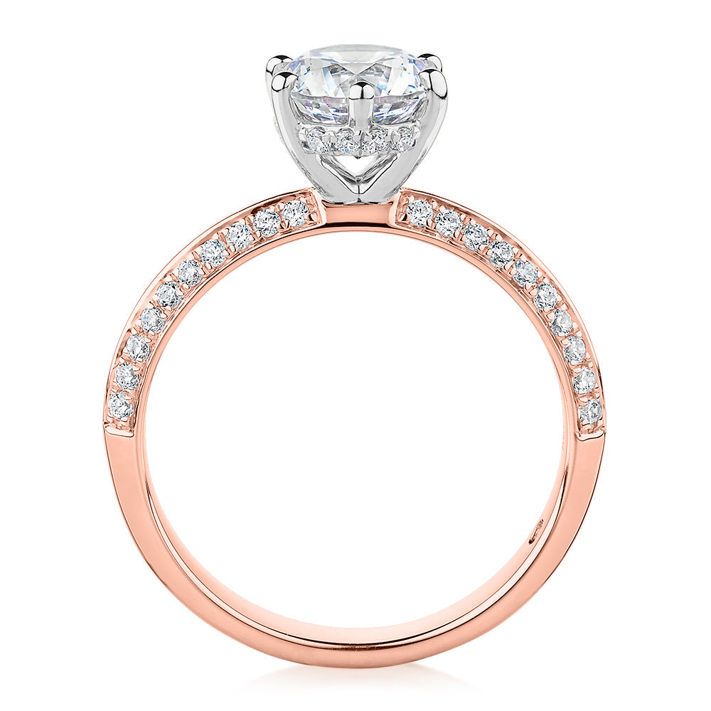 Signature Simulant Diamond 1.86 carat* TW round brilliant shouldered solitaire engagement ring in 10 carat rose and white gold