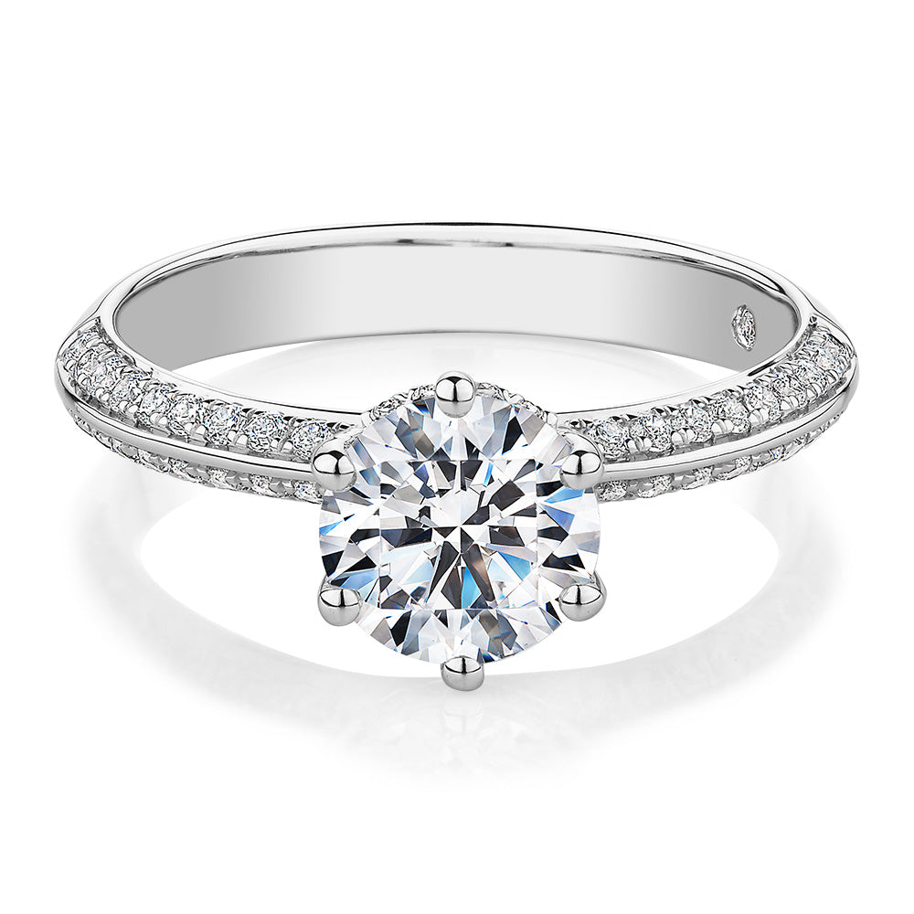 Signature Simulant Diamond 1.86 carat* TW round brilliant shouldered solitaire engagement ring in 10 carat white gold