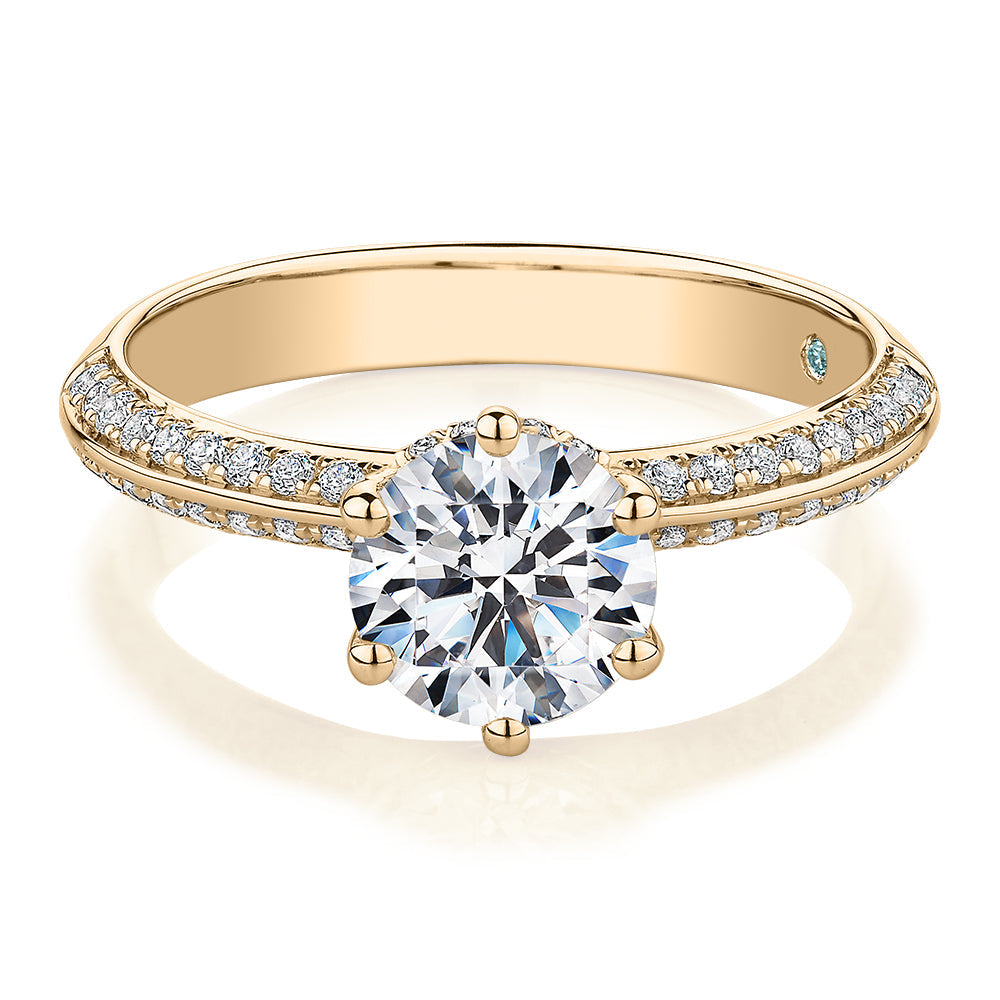 Premium Certified Lab-Grown Diamond, 1.86 carat TW round brilliant shouldered engagement ring in 14 carat yellow gold