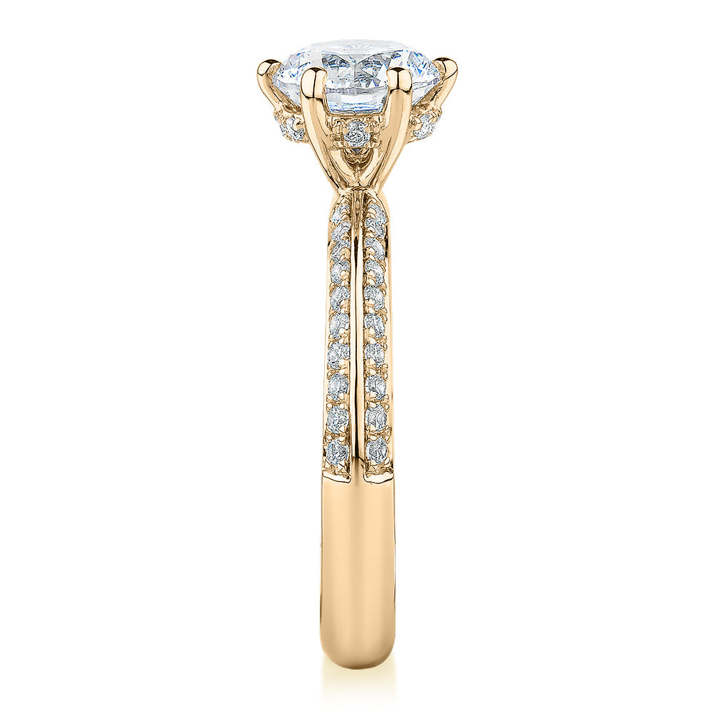 Premium Certified Lab-Grown Diamond, 1.86 carat TW round brilliant shouldered engagement ring in 14 carat yellow gold