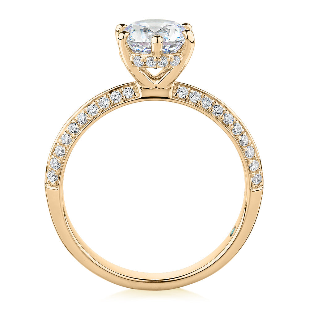 Premium Certified Lab-Grown Diamond, 1.86 carat TW round brilliant shouldered engagement ring in 14 carat yellow gold
