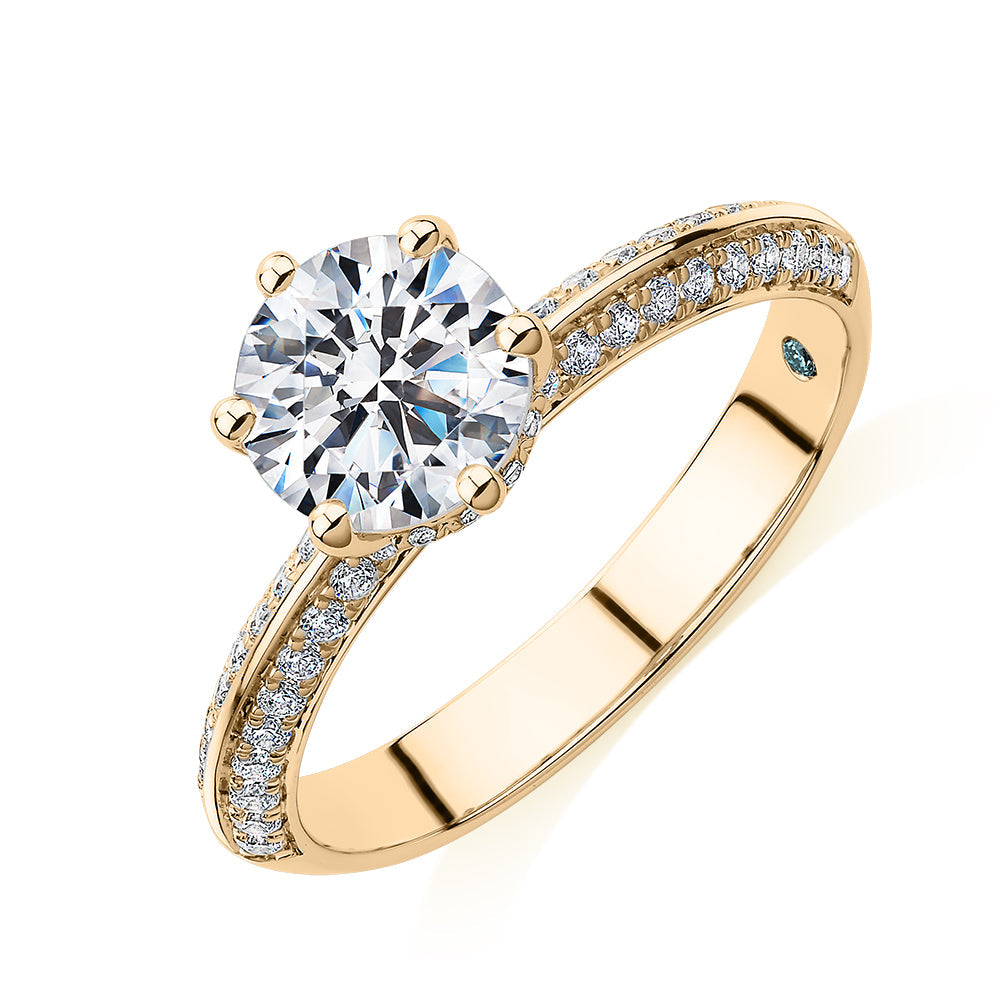 Premium Certified Lab-Grown Diamond, 1.86 carat TW round brilliant shouldered engagement ring in 14 carat yellow gold