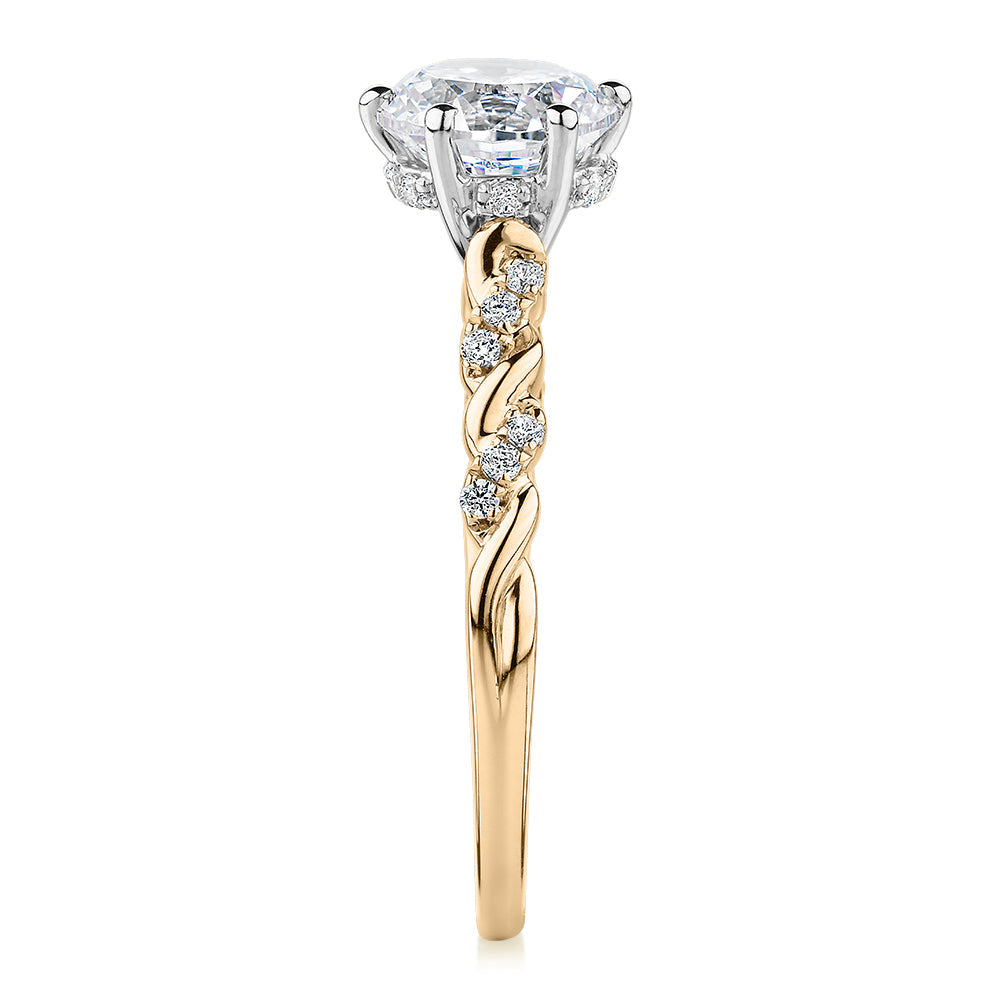 Signature Simulant Diamond 1.70 carat* TW round brilliant shouldered solitaire engagement ring in 10 carat rose and white gold
