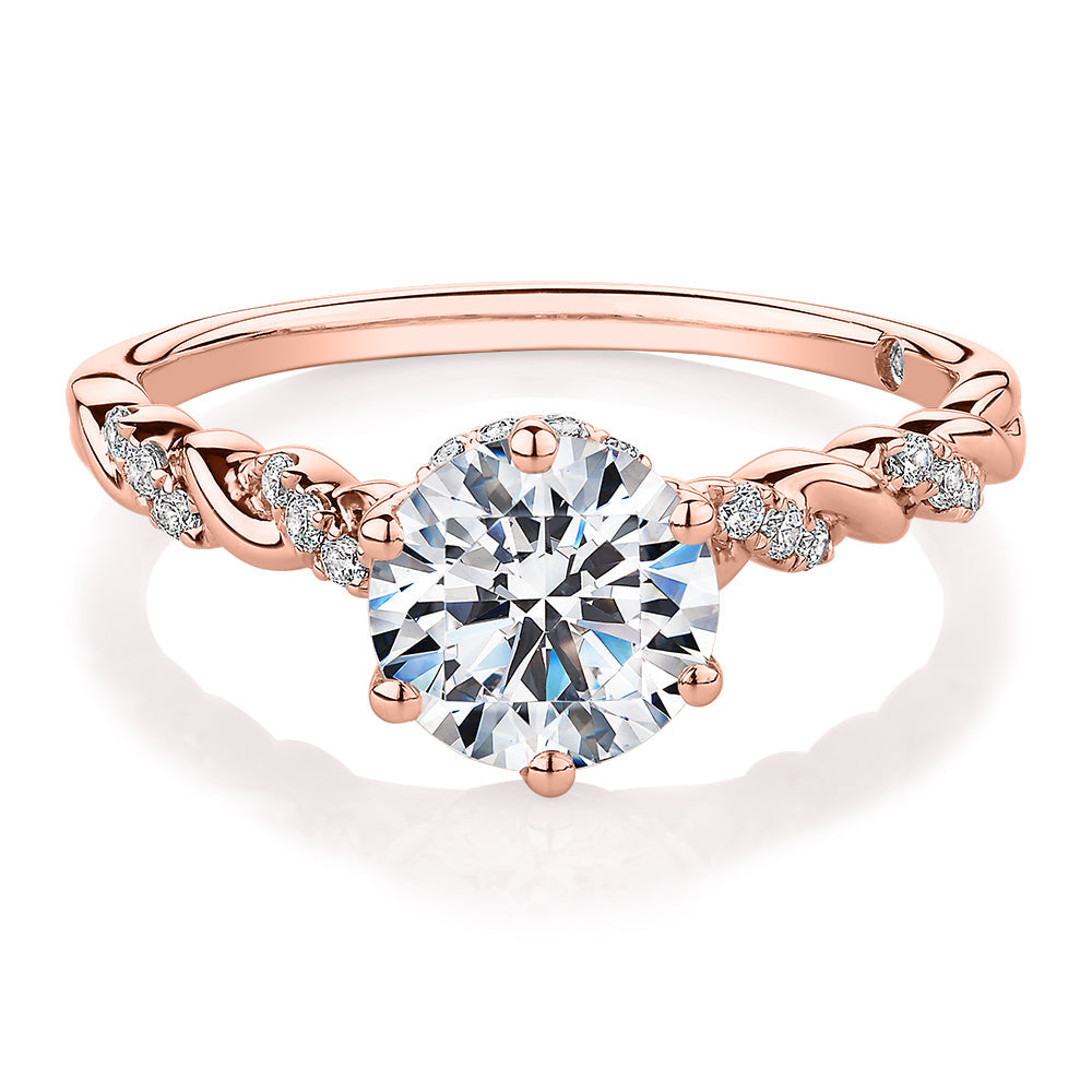 Signature Simulant Diamond 1.70 carat* TW round brilliant shouldered solitaire engagement ring in 10 carat rose and white gold
