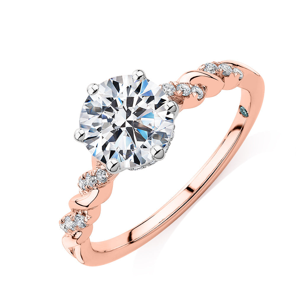 Premium Certified Lab-Grown Diamond, 1.70 carat TW round brilliant shouldered engagement ring in 14 carat rose and white gold